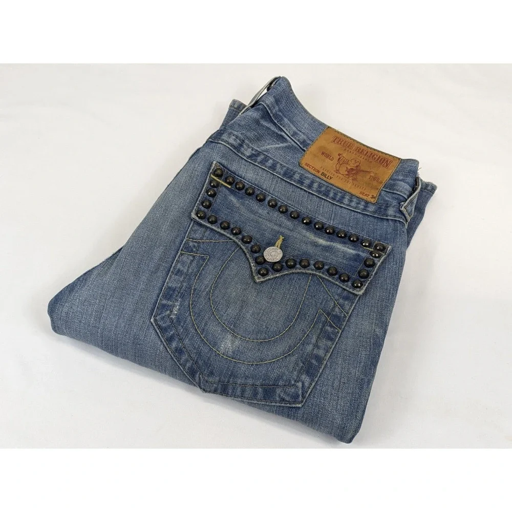 True Religion Billy Studded Distressed Bootcut Jeans Blue Mens 32x32 Made in USA